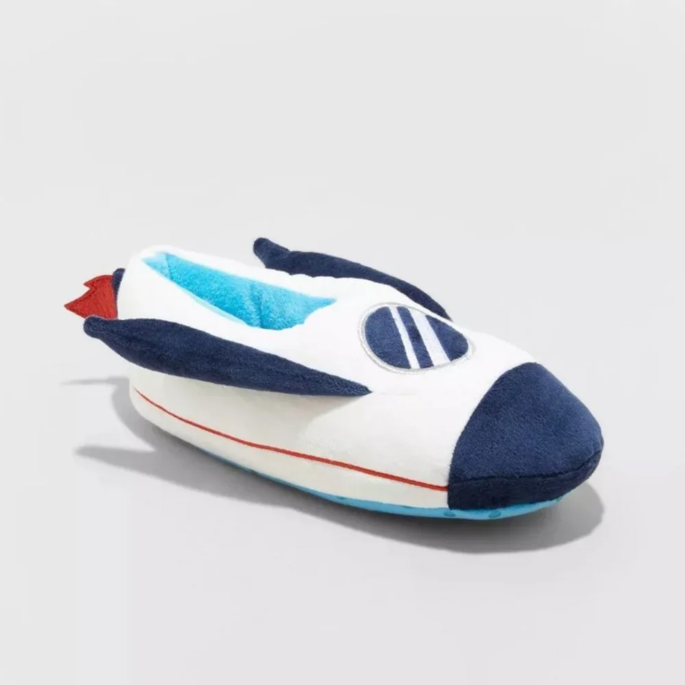 Cat & Jack Boys White Navy Blue Rocket Slippers